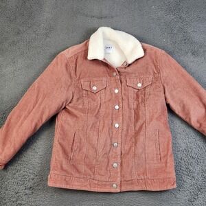 OAT New York Jacket Womens XS Pink Corduroy Sherpa Lined Trucker Coat Warm